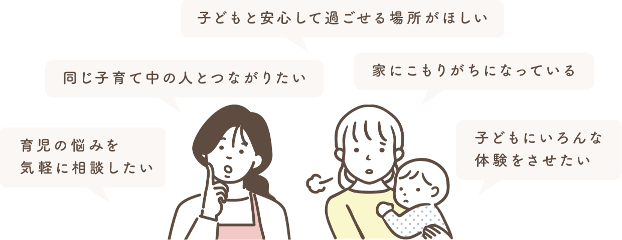 子どもと安心して過ごせる場所がほしい 同じ子育て中の人とつながりたい 育児の悩みを気軽に相談したい 家にこもりがちになっている 子どもにいろんな体験をさせたい